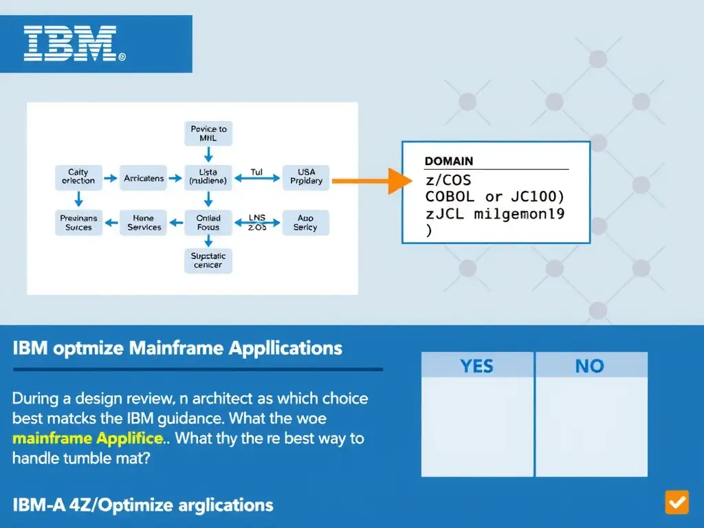 Clean educational infographic for IBM mainframe certification. Topic: During a design review, an architect asks which choice best matches the IBM guidance. What is the best way to handle mai. Domain: Domain 4: Optimize Mainframe Applications. Show IBM Z system architecture diagram with labeled components, z/OS flow arrows, COBOL or JCL code snippet in a highlighted box, and a clear YES/NO comparison panel. Professional blue, white, and gray color scheme with bold IBM-style typography.