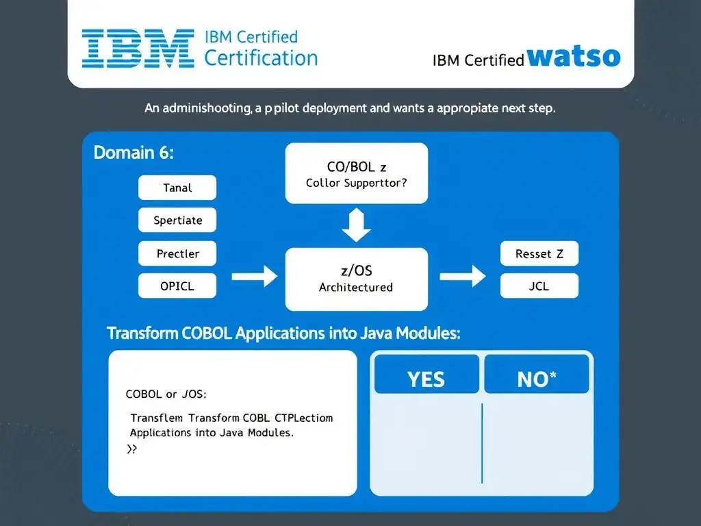 Clean educational infographic for IBM mainframe certification. Topic: An administrator is troubleshooting a pilot deployment and wants the most appropriate next step. For IBM Certified watso. Domain: Domain 6: Transform COBOL Applications into Java Modules. Show IBM Z system architecture diagram with labeled components, z/OS flow arrows, COBOL or JCL code snippet in a highlighted box, and a clear YES/NO comparison panel. Professional blue, white, and gray color scheme with bold IBM-style typography.