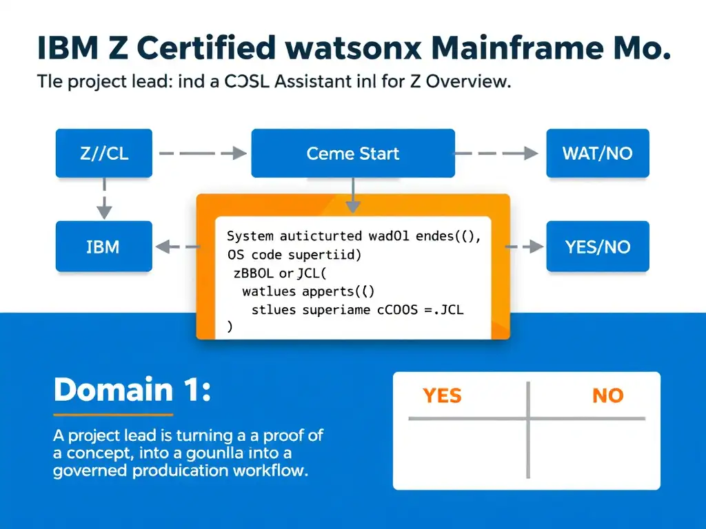 Clean educational infographic for IBM mainframe certification. Topic: A project lead is turning a proof of concept into a governed production workflow. For IBM Certified watsonx Mainframe Mo. Domain: Domain 1: watsonx Code Assistant for Z Overview. Show IBM Z system architecture diagram with labeled components, z/OS flow arrows, COBOL or JCL code snippet in a highlighted box, and a clear YES/NO comparison panel. Professional blue, white, and gray color scheme with bold IBM-style typography.