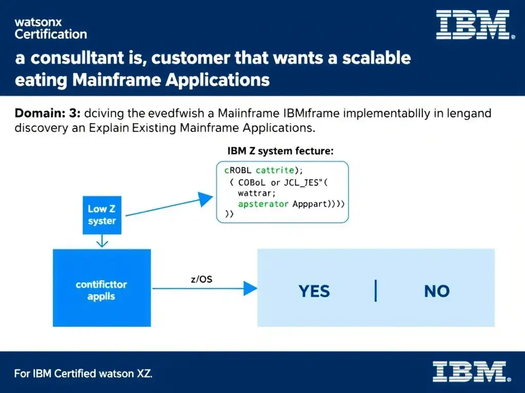 Clean educational infographic for IBM mainframe certification. Topic: A consultant is advising a customer that wants a scalable implementation. For IBM Certified watsonx Mainframe Modernizat. Domain: Domain 3: Discover and Explain Existing Mainframe Applications. Show IBM Z system architecture diagram with labeled components, z/OS flow arrows, COBOL or JCL code snippet in a highlighted box, and a clear YES/NO comparison panel. Professional blue, white, and gray color scheme with bold IBM-style typography.