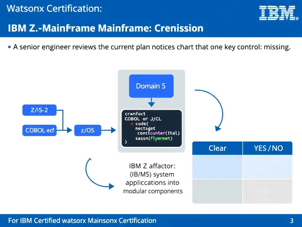 Clean educational infographic for IBM mainframe certification. Topic: A senior engineer reviews the current plan and notices that one key control is missing. For IBM Certified watsonx Mainfr. Domain: Domain 5: Refactor Mainframe Applications into Modular Components. Show IBM Z system architecture diagram with labeled components, z/OS flow arrows, COBOL or JCL code snippet in a highlighted box, and a clear YES/NO comparison panel. Professional blue, white, and gray color scheme with bold IBM-style typography.