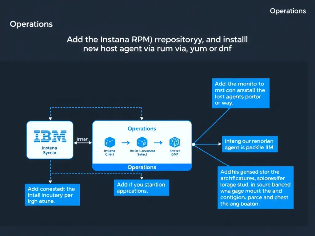 A clean, modern educational infographic illustrating IBM Instana Observability concepts related to: Add the Instana RPM repository and install the host agent via yum or dnf. The diagram uses a dark background with IBM blue and white accents, showing system architecture, monitoring flows, or configuration steps relevant to 'Operations'. Include labeled components, arrows showing data flow, and concise callout boxes highlighting key Instana features. Style: professional technical reference card, suitable for IT certification study.