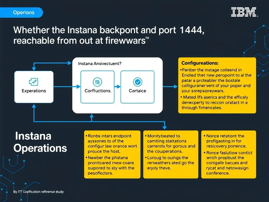 A clean, modern educational infographic illustrating IBM Instana Observability concepts related to: Whether the Instana backend endpoint and port 1444 are reachable from the host through firewalls and. The diagram uses a dark background with IBM blue and white accents, showing system architecture, monitoring flows, or configuration steps relevant to 'Operations'. Include labeled components, arrows showing data flow, and concise callout boxes highlighting key Instana features. Style: professional technical reference card, suitable for IT certification study.