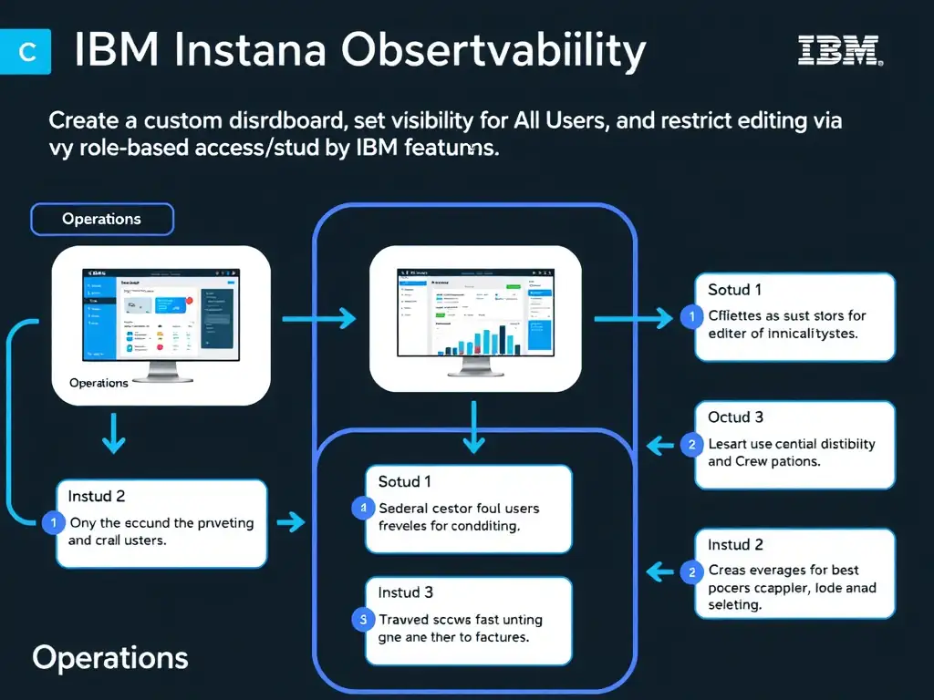 A clean, modern educational infographic illustrating IBM Instana Observability concepts related to: Create a custom dashboard, set visibility to All Users, and restrict editing via role-based access c. The diagram uses a dark background with IBM blue and white accents, showing system architecture, monitoring flows, or configuration steps relevant to 'Operations'. Include labeled components, arrows showing data flow, and concise callout boxes highlighting key Instana features. Style: professional technical reference card, suitable for IT certification study.
