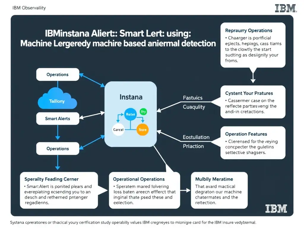 A clean, modern educational infographic illustrating IBM Instana Observability concepts related to: Smart Alerts using machine learning-based anomaly detection. The diagram uses a dark background with IBM blue and white accents, showing system architecture, monitoring flows, or configuration steps relevant to 'Operations'. Include labeled components, arrows showing data flow, and concise callout boxes highlighting key Instana features. Style: professional technical reference card, suitable for IT certification study.