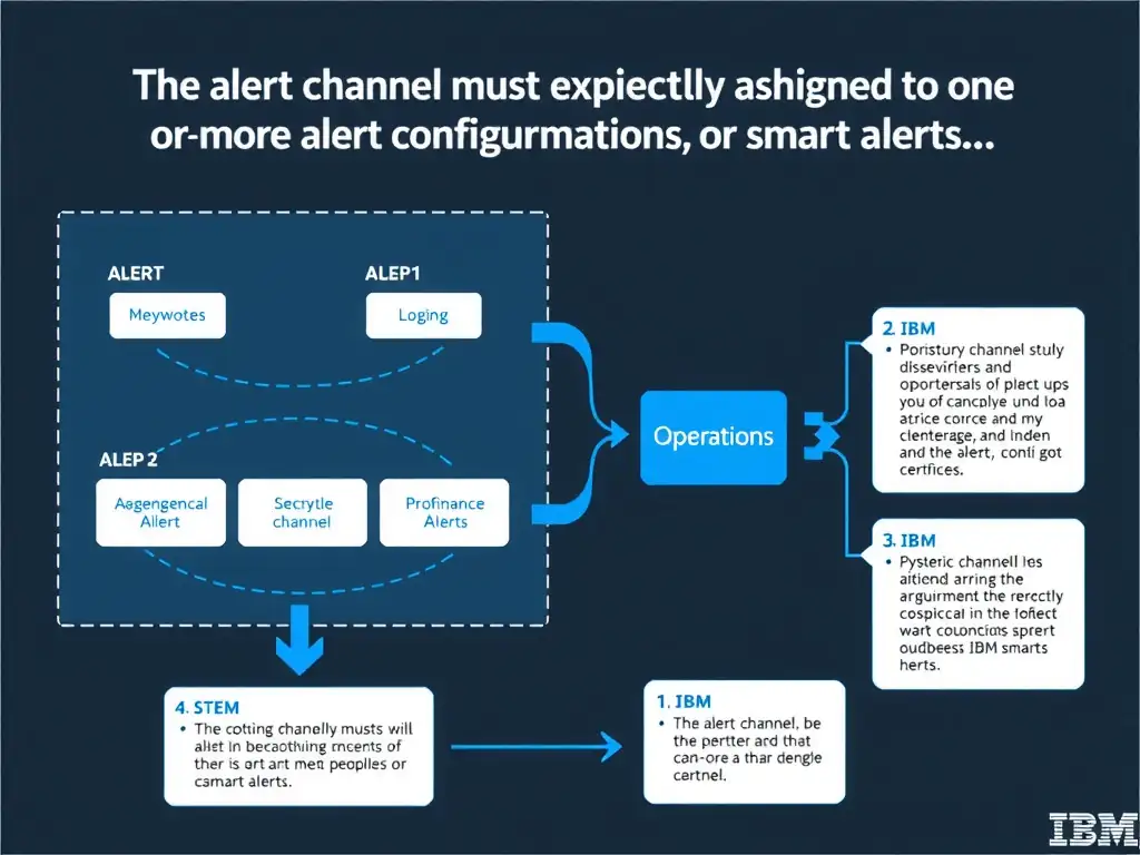 A clean, modern educational infographic illustrating IBM Instana Observability concepts related to: The alert channel must be explicitly assigned to one or more alert configurations or smart alerts. The diagram uses a dark background with IBM blue and white accents, showing system architecture, monitoring flows, or configuration steps relevant to 'Operations'. Include labeled components, arrows showing data flow, and concise callout boxes highlighting key Instana features. Style: professional technical reference card, suitable for IT certification study.