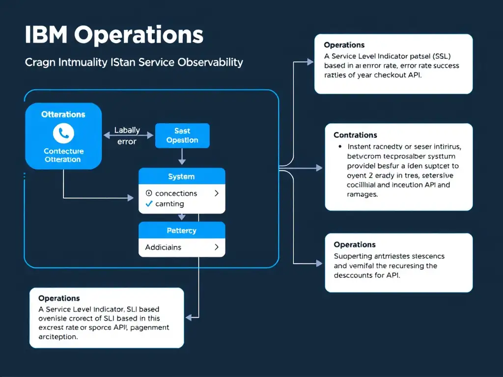 A clean, modern educational infographic illustrating IBM Instana Observability concepts related to: A Service Level Indicator (SLI) based on the error rate or success rate of the checkout API. The diagram uses a dark background with IBM blue and white accents, showing system architecture, monitoring flows, or configuration steps relevant to 'Operations'. Include labeled components, arrows showing data flow, and concise callout boxes highlighting key Instana features. Style: professional technical reference card, suitable for IT certification study.