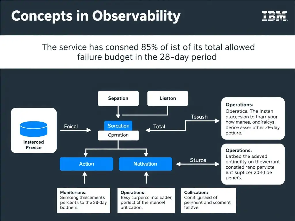 A clean, modern educational infographic illustrating IBM Instana Observability concepts related to: The service has consumed 85% of its total allowed failure budget for the 28-day period. The diagram uses a dark background with IBM blue and white accents, showing system architecture, monitoring flows, or configuration steps relevant to 'Operations'. Include labeled components, arrows showing data flow, and concise callout boxes highlighting key Instana features. Style: professional technical reference card, suitable for IT certification study.