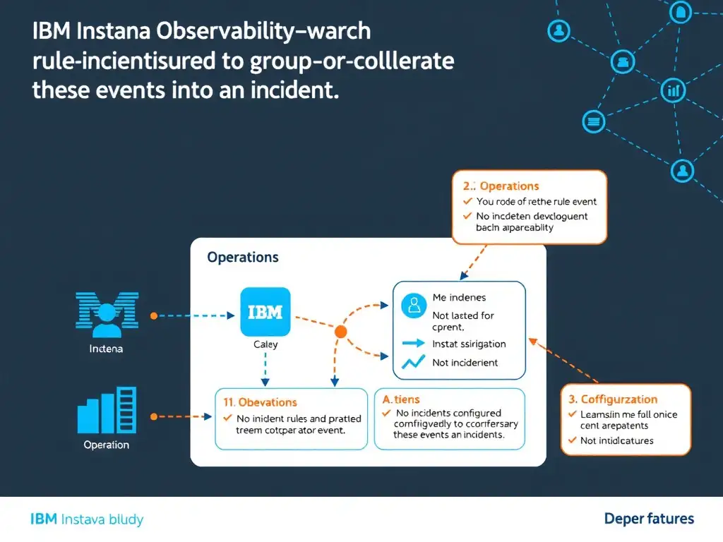 A clean, modern educational infographic illustrating IBM Instana Observability concepts related to: No incident rule has been configured to group or correlate these events into an incident. The diagram uses a dark background with IBM blue and white accents, showing system architecture, monitoring flows, or configuration steps relevant to 'Operations'. Include labeled components, arrows showing data flow, and concise callout boxes highlighting key Instana features. Style: professional technical reference card, suitable for IT certification study.