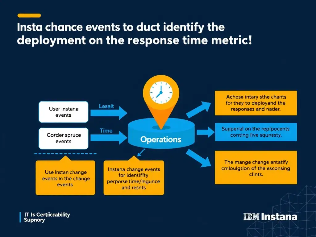 A clean, modern educational infographic illustrating IBM Instana Observability concepts related to: Use Instana change events to identify the deployment marker overlaid on the response time metric tim. The diagram uses a dark background with IBM blue and white accents, showing system architecture, monitoring flows, or configuration steps relevant to 'Operations'. Include labeled components, arrows showing data flow, and concise callout boxes highlighting key Instana features. Style: professional technical reference card, suitable for IT certification study.
