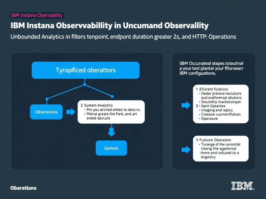 A clean, modern educational infographic illustrating IBM Instana Observability concepts related to: Unbounded Analytics in the Calls view with filters for endpoint, duration greater than 2s, and HTTP . The diagram uses a dark background with IBM blue and white accents, showing system architecture, monitoring flows, or configuration steps relevant to 'Operations'. Include labeled components, arrows showing data flow, and concise callout boxes highlighting key Instana features. Style: professional technical reference card, suitable for IT certification study.