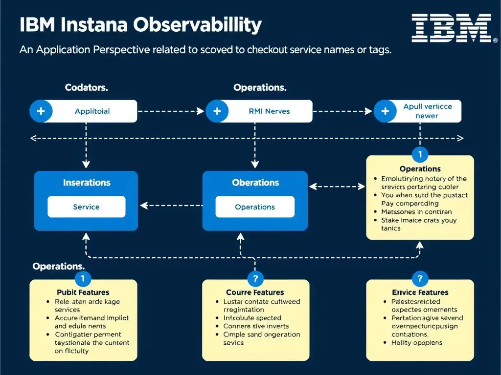 A clean, modern educational infographic illustrating IBM Instana Observability concepts related to: An Application Perspective scoped to checkout-related services using service names or tags. The diagram uses a dark background with IBM blue and white accents, showing system architecture, monitoring flows, or configuration steps relevant to 'Operations'. Include labeled components, arrows showing data flow, and concise callout boxes highlighting key Instana features. Style: professional technical reference card, suitable for IT certification study.