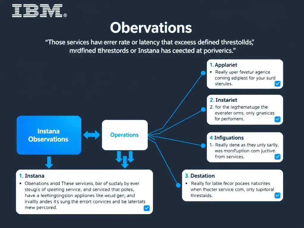 A clean, modern educational infographic illustrating IBM Instana Observability concepts related to: Those services have error rates or latency that exceeds defined thresholds or Instana has detected a. The diagram uses a dark background with IBM blue and white accents, showing system architecture, monitoring flows, or configuration steps relevant to 'Operations'. Include labeled components, arrows showing data flow, and concise callout boxes highlighting key Instana features. Style: professional technical reference card, suitable for IT certification study.
