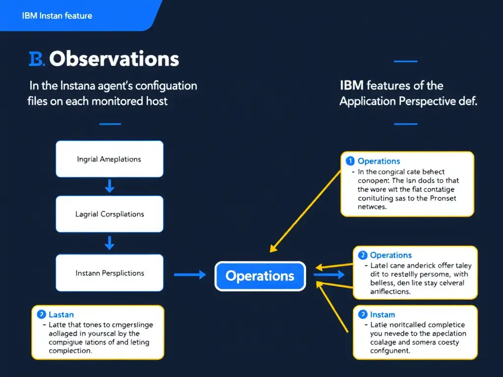 A clean, modern educational infographic illustrating IBM Instana Observability concepts related to: In the Instana agent's configuration files on each monitored host and on Application Perspective def. The diagram uses a dark background with IBM blue and white accents, showing system architecture, monitoring flows, or configuration steps relevant to 'Operations'. Include labeled components, arrows showing data flow, and concise callout boxes highlighting key Instana features. Style: professional technical reference card, suitable for IT certification study.
