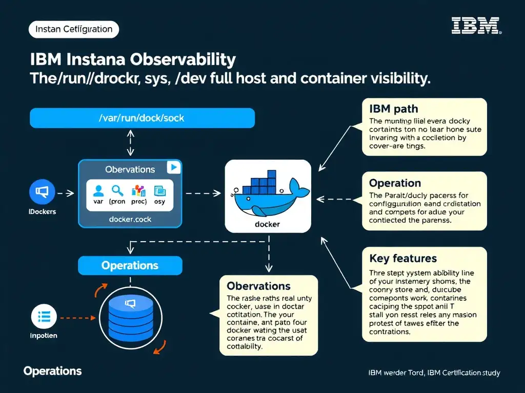 A clean, modern educational infographic illustrating IBM Instana Observability concepts related to: The paths /var/run/docker.sock, /proc, /sys, and /dev for full host and container visibility. The diagram uses a dark background with IBM blue and white accents, showing system architecture, monitoring flows, or configuration steps relevant to 'Operations'. Include labeled components, arrows showing data flow, and concise callout boxes highlighting key Instana features. Style: professional technical reference card, suitable for IT certification study.