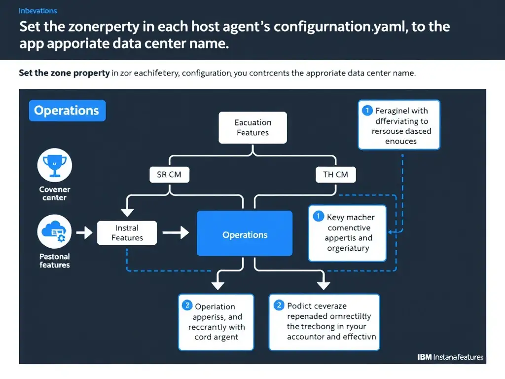 A clean, modern educational infographic illustrating IBM Instana Observability concepts related to: Set the zone property in each host agent's configuration.yaml to the appropriate data center name. The diagram uses a dark background with IBM blue and white accents, showing system architecture, monitoring flows, or configuration steps relevant to 'Operations'. Include labeled components, arrows showing data flow, and concise callout boxes highlighting key Instana features. Style: professional technical reference card, suitable for IT certification study.