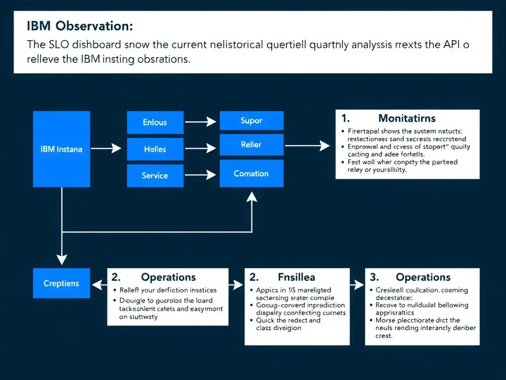 A clean, modern educational infographic illustrating IBM Instana Observability concepts related to: The SLO dashboard shows the current rolling window; historical quarterly analysis requires the API o. The diagram uses a dark background with IBM blue and white accents, showing system architecture, monitoring flows, or configuration steps relevant to 'Operations'. Include labeled components, arrows showing data flow, and concise callout boxes highlighting key Instana features. Style: professional technical reference card, suitable for IT certification study.