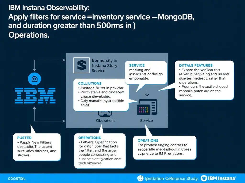 A clean, modern educational infographic illustrating IBM Instana Observability concepts related to: Apply filters for service=inventory-service, technology=MongoDB, and duration greater than 500ms in . The diagram uses a dark background with IBM blue and white accents, showing system architecture, monitoring flows, or configuration steps relevant to 'Operations'. Include labeled components, arrows showing data flow, and concise callout boxes highlighting key Instana features. Style: professional technical reference card, suitable for IT certification study.