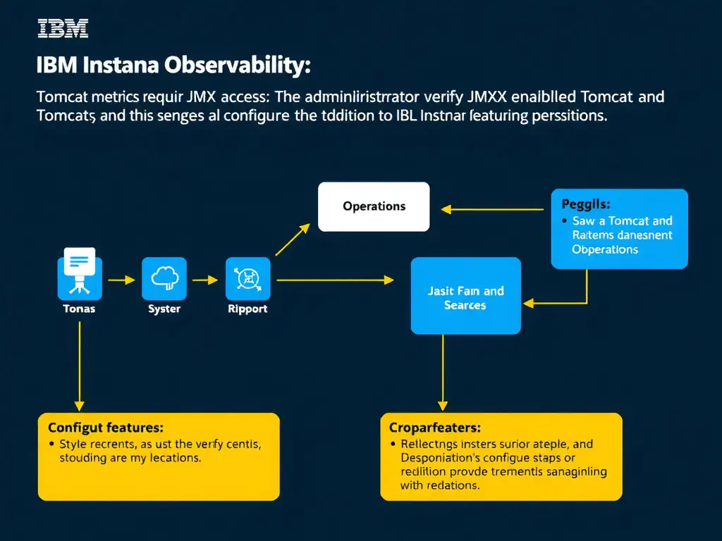 A clean, modern educational infographic illustrating IBM Instana Observability concepts related to: Tomcat metrics require JMX access; the administrator should verify JMX is enabled on Tomcat and the . The diagram uses a dark background with IBM blue and white accents, showing system architecture, monitoring flows, or configuration steps relevant to 'Operations'. Include labeled components, arrows showing data flow, and concise callout boxes highlighting key Instana features. Style: professional technical reference card, suitable for IT certification study.