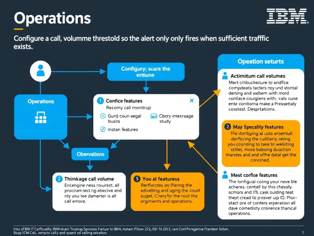 A clean, modern educational infographic illustrating IBM Instana Observability concepts related to: Configure a minimum call volume threshold so the alert only fires when sufficient traffic exists. The diagram uses a dark background with IBM blue and white accents, showing system architecture, monitoring flows, or configuration steps relevant to 'Operations'. Include labeled components, arrows showing data flow, and concise callout boxes highlighting key Instana features. Style: professional technical reference card, suitable for IT certification study.
