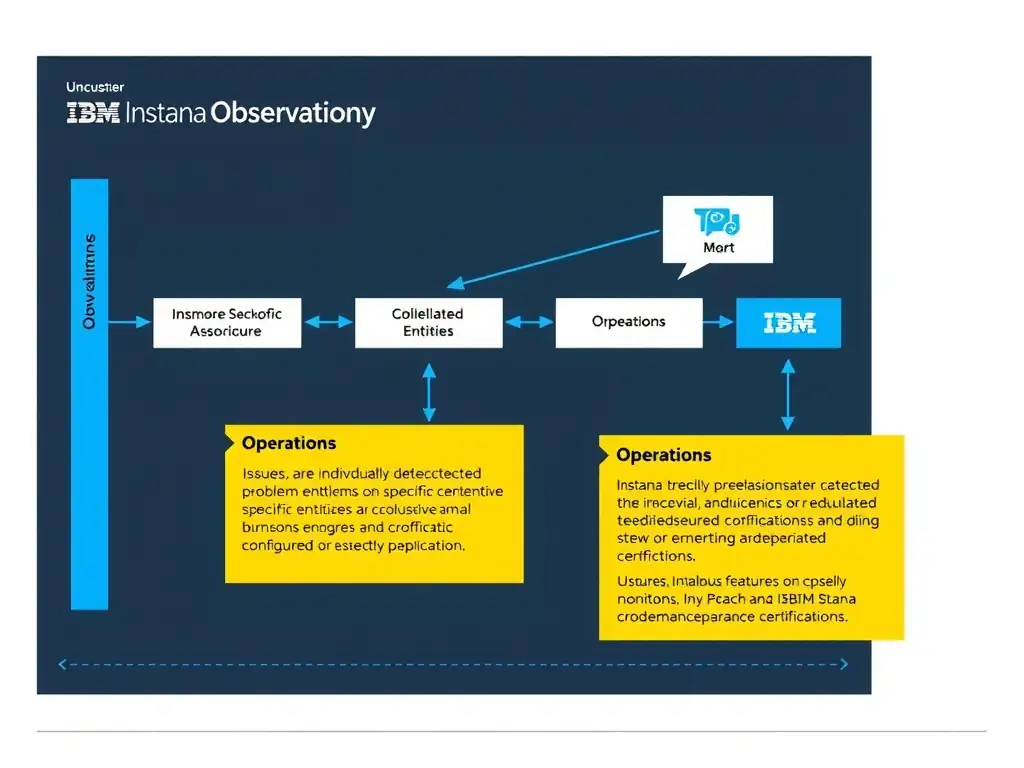 A clean, modern educational infographic illustrating IBM Instana Observability concepts related to: Issues are individually detected problems on specific entities; incidents are correlated groupings o. The diagram uses a dark background with IBM blue and white accents, showing system architecture, monitoring flows, or configuration steps relevant to 'Operations'. Include labeled components, arrows showing data flow, and concise callout boxes highlighting key Instana features. Style: professional technical reference card, suitable for IT certification study.