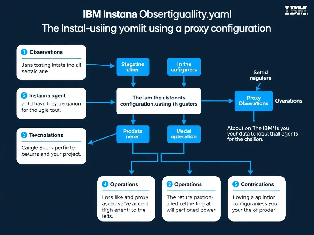 A clean, modern educational infographic illustrating IBM Instana Observability concepts related to: In the Instana agent's configuration.yaml file using the proxy configuration section. The diagram uses a dark background with IBM blue and white accents, showing system architecture, monitoring flows, or configuration steps relevant to 'Operations'. Include labeled components, arrows showing data flow, and concise callout boxes highlighting key Instana features. Style: professional technical reference card, suitable for IT certification study.