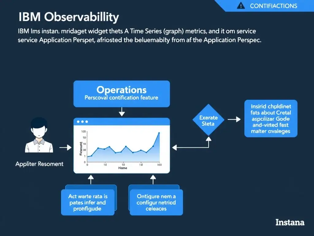 A clean, modern educational infographic illustrating IBM Instana Observability concepts related to: A Time Series (graph) widget using service or endpoint metrics from the relevant Application Perspec. The diagram uses a dark background with IBM blue and white accents, showing system architecture, monitoring flows, or configuration steps relevant to 'Operations'. Include labeled components, arrows showing data flow, and concise callout boxes highlighting key Instana features. Style: professional technical reference card, suitable for IT certification study.
