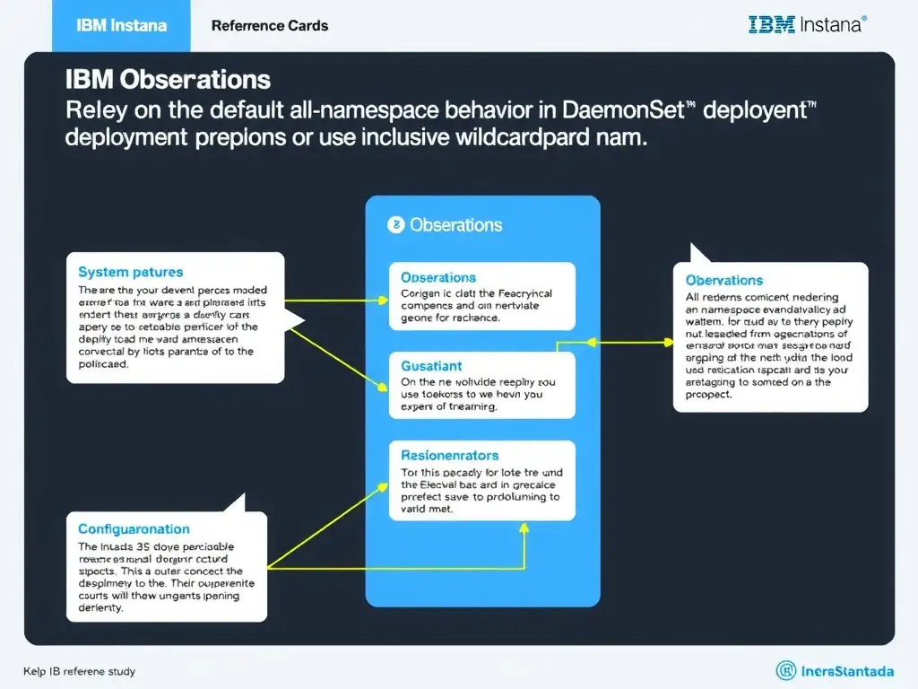 A clean, modern educational infographic illustrating IBM Instana Observability concepts related to: Rely on the default all-namespace behavior of the DaemonSet deployment or use inclusive wildcard nam. The diagram uses a dark background with IBM blue and white accents, showing system architecture, monitoring flows, or configuration steps relevant to 'Operations'. Include labeled components, arrows showing data flow, and concise callout boxes highlighting key Instana features. Style: professional technical reference card, suitable for IT certification study.
