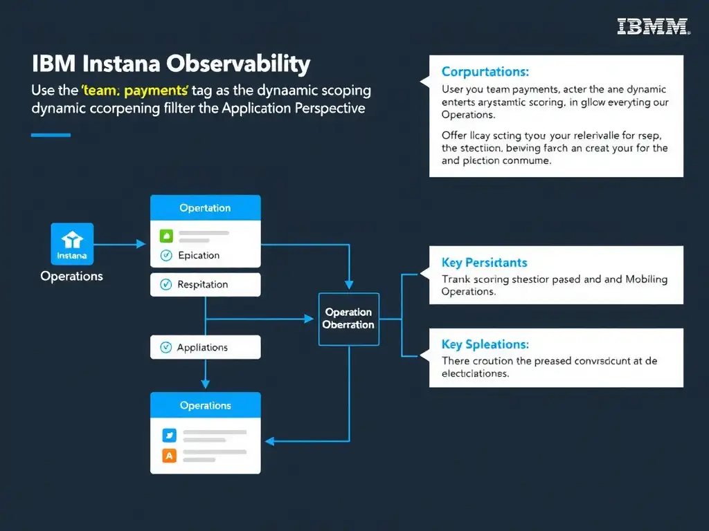 A clean, modern educational infographic illustrating IBM Instana Observability concepts related to: Use the 'team:payments' tag as the dynamic scoping filter for the Application Perspective. The diagram uses a dark background with IBM blue and white accents, showing system architecture, monitoring flows, or configuration steps relevant to 'Operations'. Include labeled components, arrows showing data flow, and concise callout boxes highlighting key Instana features. Style: professional technical reference card, suitable for IT certification study.