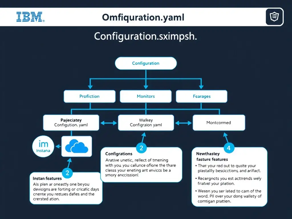 A clean, modern educational infographic illustrating IBM Instana Observability concepts related to: configuration.yaml. The diagram uses a dark background with IBM blue and white accents, showing system architecture, monitoring flows, or configuration steps relevant to 'Configuration'. Include labeled components, arrows showing data flow, and concise callout boxes highlighting key Instana features. Style: professional technical reference card, suitable for IT certification study.