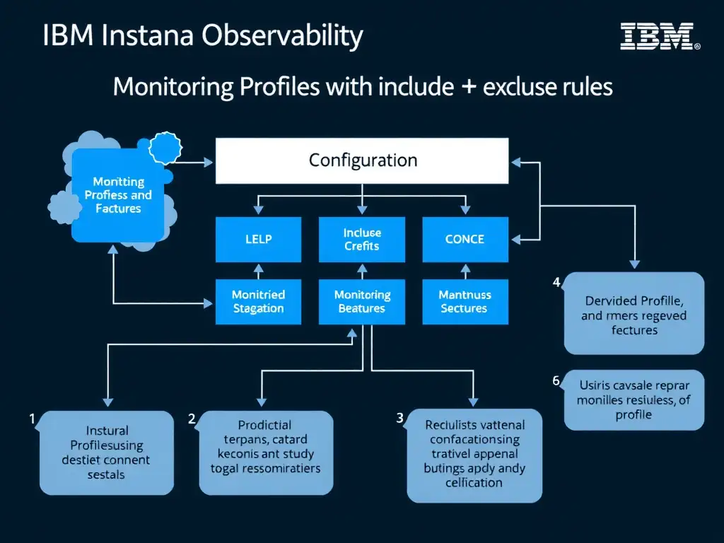A clean, modern educational infographic illustrating IBM Instana Observability concepts related to: Monitoring Profiles with include and exclude rules. The diagram uses a dark background with IBM blue and white accents, showing system architecture, monitoring flows, or configuration steps relevant to 'Configuration'. Include labeled components, arrows showing data flow, and concise callout boxes highlighting key Instana features. Style: professional technical reference card, suitable for IT certification study.