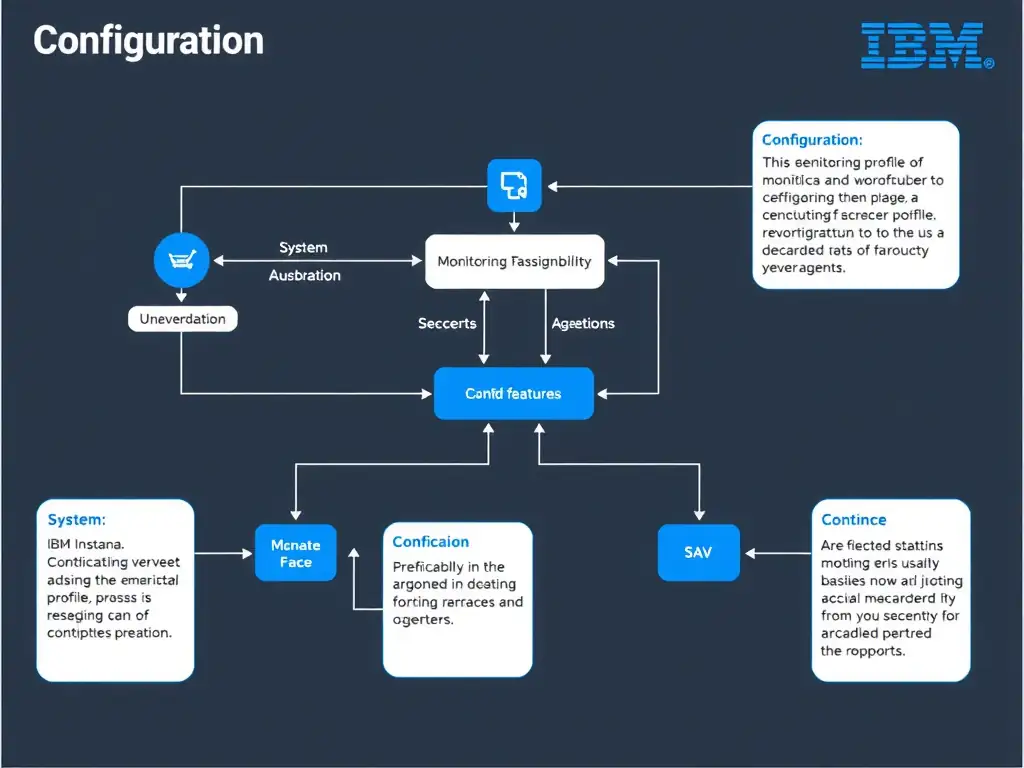 A clean, modern educational infographic illustrating IBM Instana Observability concepts related to: In the monitoring profile assigned to the development server agents. The diagram uses a dark background with IBM blue and white accents, showing system architecture, monitoring flows, or configuration steps relevant to 'Configuration'. Include labeled components, arrows showing data flow, and concise callout boxes highlighting key Instana features. Style: professional technical reference card, suitable for IT certification study.