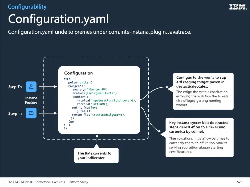 A clean, modern educational infographic illustrating IBM Instana Observability concepts related to: configuration.yaml under the com.instana.plugin.javatrace section. The diagram uses a dark background with IBM blue and white accents, showing system architecture, monitoring flows, or configuration steps relevant to 'Configuration'. Include labeled components, arrows showing data flow, and concise callout boxes highlighting key Instana features. Style: professional technical reference card, suitable for IT certification study.