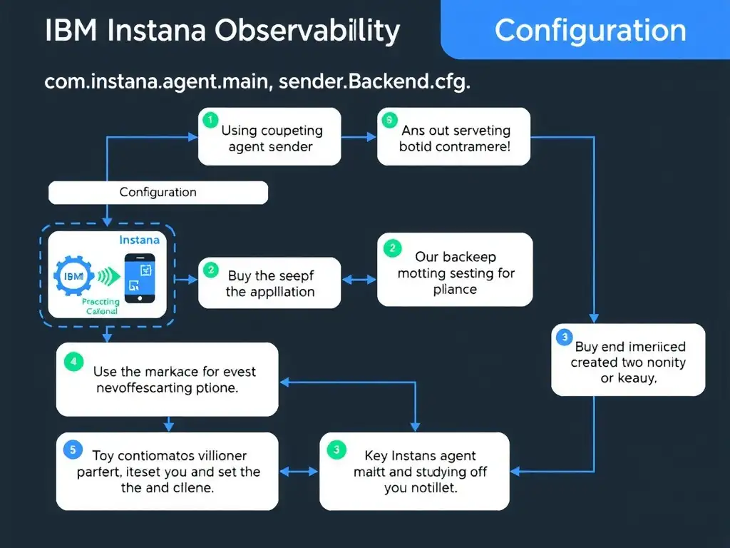 A clean, modern educational infographic illustrating IBM Instana Observability concepts related to: com.instana.agent.main.sender.Backend.cfg. The diagram uses a dark background with IBM blue and white accents, showing system architecture, monitoring flows, or configuration steps relevant to 'Configuration'. Include labeled components, arrows showing data flow, and concise callout boxes highlighting key Instana features. Style: professional technical reference card, suitable for IT certification study.