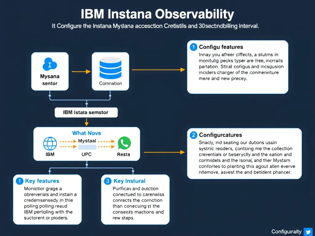 A clean, modern educational infographic illustrating IBM Instana Observability concepts related to: It configures the Instana MySQL sensor with connection credentials and a 30-second polling interval. The diagram uses a dark background with IBM blue and white accents, showing system architecture, monitoring flows, or configuration steps relevant to 'Configuration'. Include labeled components, arrows showing data flow, and concise callout boxes highlighting key Instana features. Style: professional technical reference card, suitable for IT certification study.