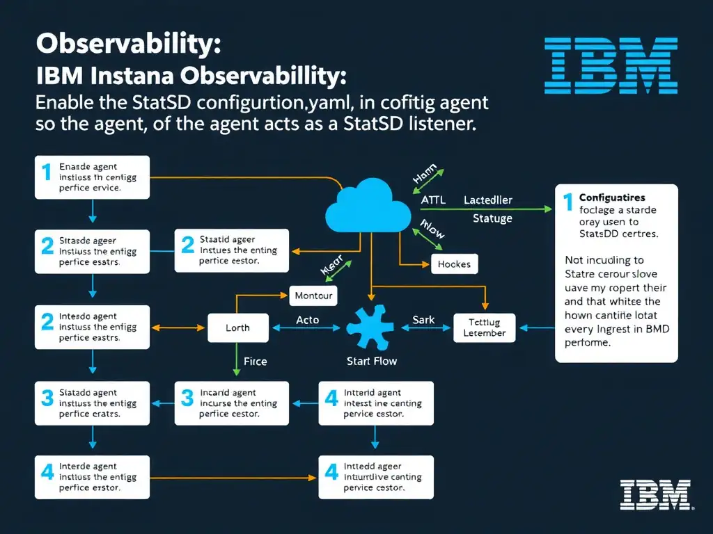 A clean, modern educational infographic illustrating IBM Instana Observability concepts related to: Enable the StatsD sensor in configuration.yaml so the agent acts as a StatsD listener. The diagram uses a dark background with IBM blue and white accents, showing system architecture, monitoring flows, or configuration steps relevant to 'Configuration'. Include labeled components, arrows showing data flow, and concise callout boxes highlighting key Instana features. Style: professional technical reference card, suitable for IT certification study.