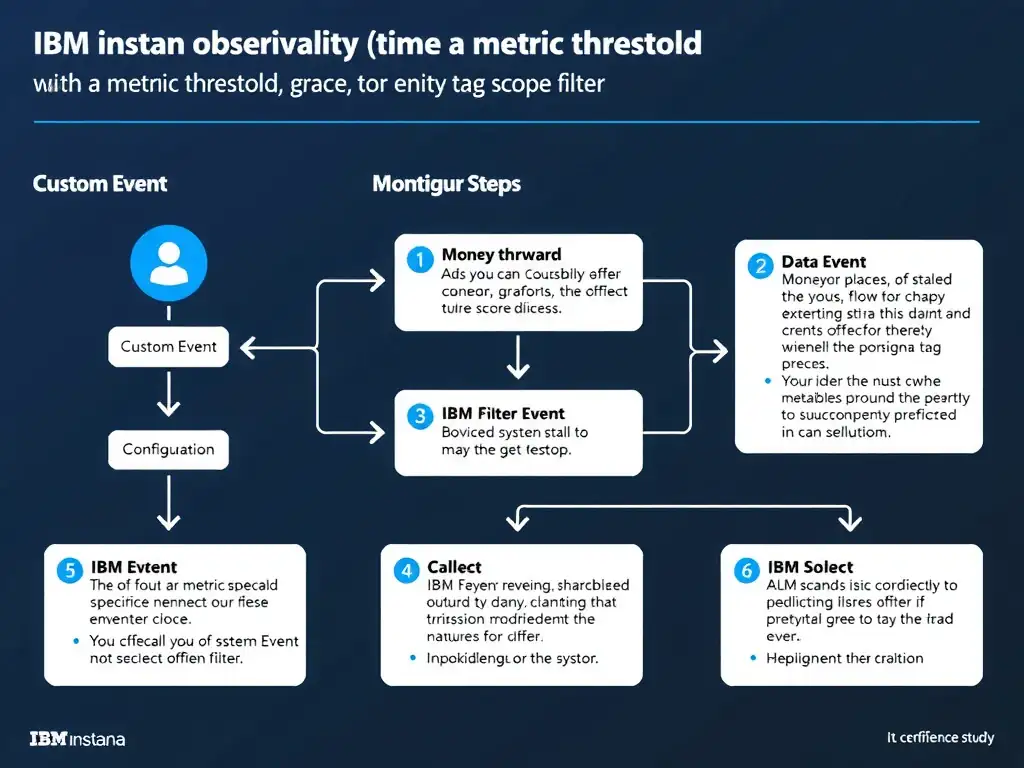 A clean, modern educational infographic illustrating IBM Instana Observability concepts related to: Custom Event with a metric threshold, grace period, and entity tag scope filter. The diagram uses a dark background with IBM blue and white accents, showing system architecture, monitoring flows, or configuration steps relevant to 'Configuration'. Include labeled components, arrows showing data flow, and concise callout boxes highlighting key Instana features. Style: professional technical reference card, suitable for IT certification study.