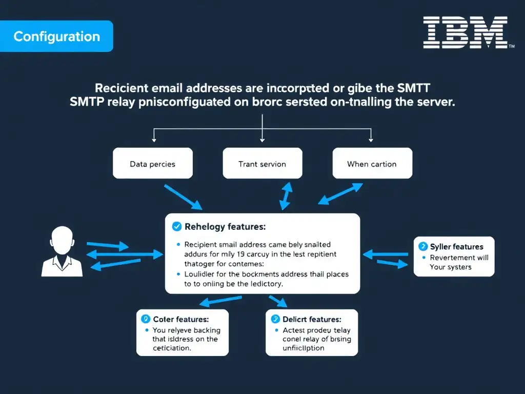 A clean, modern educational infographic illustrating IBM Instana Observability concepts related to: Recipient email addresses are incorrect or the SMTP relay is misconfigured on the backend server. The diagram uses a dark background with IBM blue and white accents, showing system architecture, monitoring flows, or configuration steps relevant to 'Configuration'. Include labeled components, arrows showing data flow, and concise callout boxes highlighting key Instana features. Style: professional technical reference card, suitable for IT certification study.
