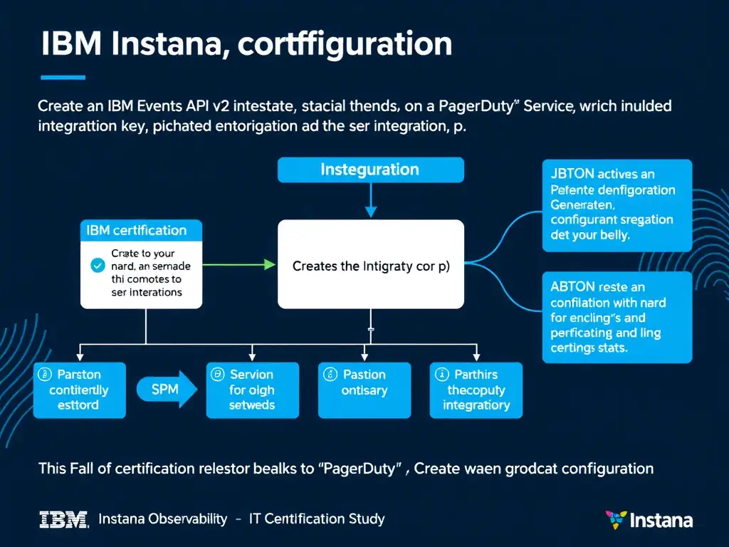 A clean, modern educational infographic illustrating IBM Instana Observability concepts related to: Create an Events API v2 integration on a PagerDuty Service, which generates the integration key to p. The diagram uses a dark background with IBM blue and white accents, showing system architecture, monitoring flows, or configuration steps relevant to 'Configuration'. Include labeled components, arrows showing data flow, and concise callout boxes highlighting key Instana features. Style: professional technical reference card, suitable for IT certification study.