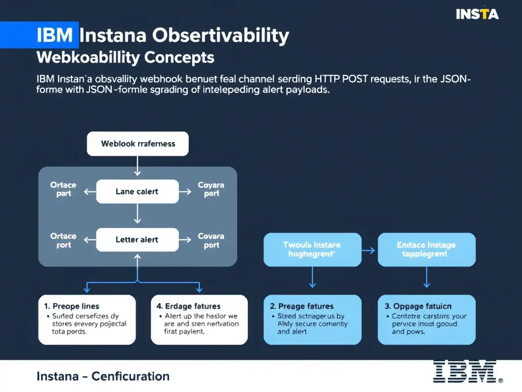 A clean, modern educational infographic illustrating IBM Instana Observability concepts related to: Webhook channel sending HTTP POST requests with JSON-formatted alert payloads. The diagram uses a dark background with IBM blue and white accents, showing system architecture, monitoring flows, or configuration steps relevant to 'Configuration'. Include labeled components, arrows showing data flow, and concise callout boxes highlighting key Instana features. Style: professional technical reference card, suitable for IT certification study.