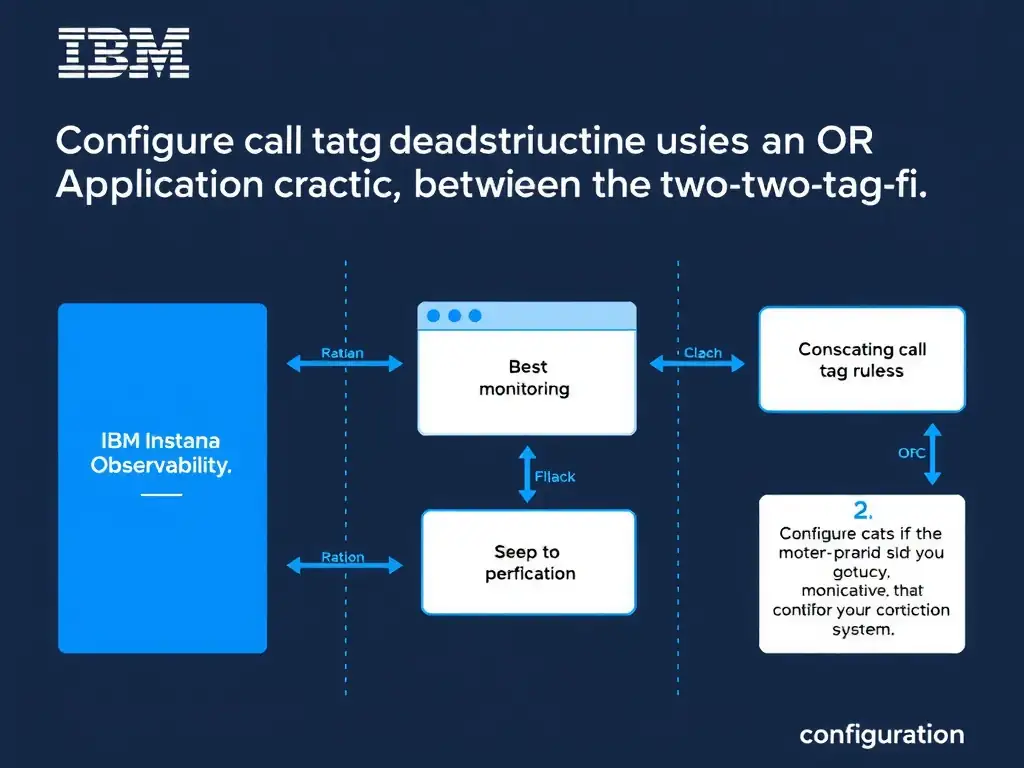 A clean, modern educational infographic illustrating IBM Instana Observability concepts related to: Configure call tag rules in the Application Perspective using an OR condition between the two tag fi. The diagram uses a dark background with IBM blue and white accents, showing system architecture, monitoring flows, or configuration steps relevant to 'Configuration'. Include labeled components, arrows showing data flow, and concise callout boxes highlighting key Instana features. Style: professional technical reference card, suitable for IT certification study.
