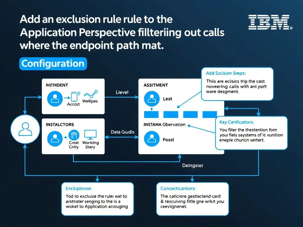 A clean, modern educational infographic illustrating IBM Instana Observability concepts related to: Add an exclusion rule to the Application Perspective filtering out calls where the endpoint path mat. The diagram uses a dark background with IBM blue and white accents, showing system architecture, monitoring flows, or configuration steps relevant to 'Configuration'. Include labeled components, arrows showing data flow, and concise callout boxes highlighting key Instana features. Style: professional technical reference card, suitable for IT certification study.