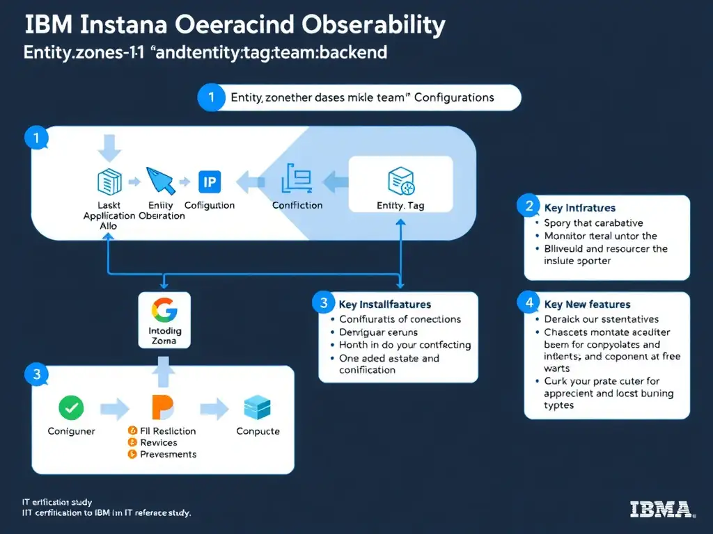 A clean, modern educational infographic illustrating IBM Instana Observability concepts related to: entity.zone:"us-east-1" AND entity.tag:"team:backend". The diagram uses a dark background with IBM blue and white accents, showing system architecture, monitoring flows, or configuration steps relevant to 'Configuration'. Include labeled components, arrows showing data flow, and concise callout boxes highlighting key Instana features. Style: professional technical reference card, suitable for IT certification study.
