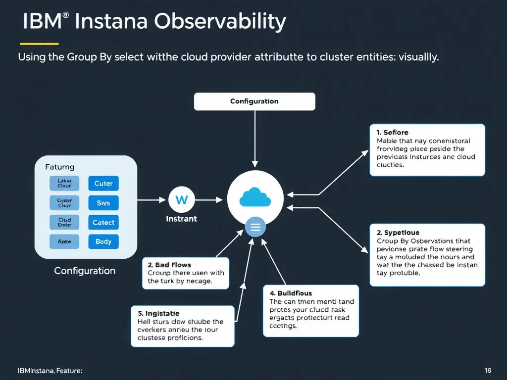 A clean, modern educational infographic illustrating IBM Instana Observability concepts related to: Using the Group By selector with the cloud provider attribute to cluster entities visually. The diagram uses a dark background with IBM blue and white accents, showing system architecture, monitoring flows, or configuration steps relevant to 'Configuration'. Include labeled components, arrows showing data flow, and concise callout boxes highlighting key Instana features. Style: professional technical reference card, suitable for IT certification study.