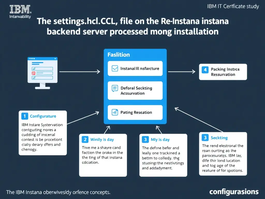 A clean, modern educational infographic illustrating IBM Instana Observability concepts related to: In the settings.hcl file on the Instana backend server processed during installation. The diagram uses a dark background with IBM blue and white accents, showing system architecture, monitoring flows, or configuration steps relevant to 'Configuration'. Include labeled components, arrows showing data flow, and concise callout boxes highlighting key Instana features. Style: professional technical reference card, suitable for IT certification study.