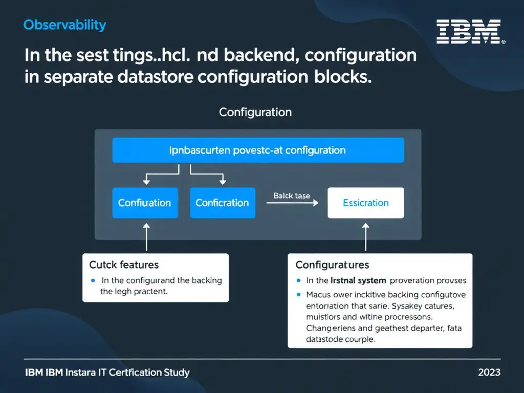 A clean, modern educational infographic illustrating IBM Instana Observability concepts related to: In the settings.hcl backend configuration file in separate datastore configuration blocks. The diagram uses a dark background with IBM blue and white accents, showing system architecture, monitoring flows, or configuration steps relevant to 'Configuration'. Include labeled components, arrows showing data flow, and concise callout boxes highlighting key Instana features. Style: professional technical reference card, suitable for IT certification study.