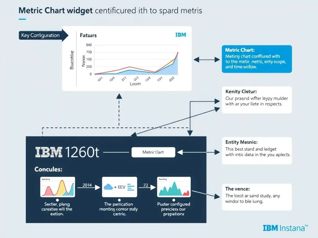 A clean, modern educational infographic illustrating IBM Instana Observability concepts related to: Metric Chart widget configured with the desired metric, entity scope, and time window. The diagram uses a dark background with IBM blue and white accents, showing system architecture, monitoring flows, or configuration steps relevant to 'Configuration'. Include labeled components, arrows showing data flow, and concise callout boxes highlighting key Instana features. Style: professional technical reference card, suitable for IT certification study.