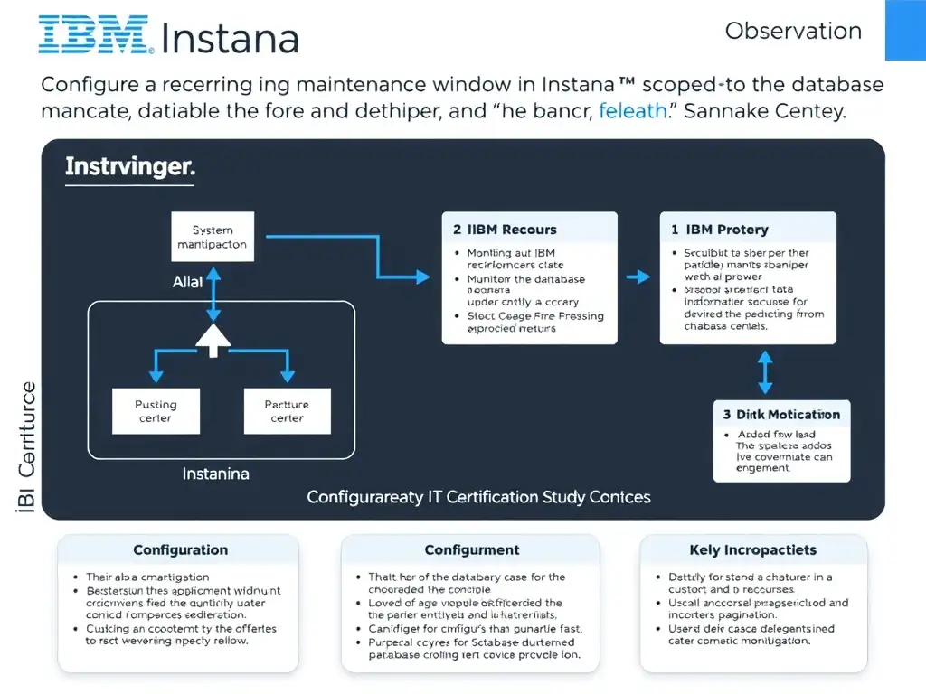 A clean, modern educational infographic illustrating IBM Instana Observability concepts related to: Configure a recurring maintenance window in Instana scoped to the database entities and scheduled fo. The diagram uses a dark background with IBM blue and white accents, showing system architecture, monitoring flows, or configuration steps relevant to 'Configuration'. Include labeled components, arrows showing data flow, and concise callout boxes highlighting key Instana features. Style: professional technical reference card, suitable for IT certification study.
