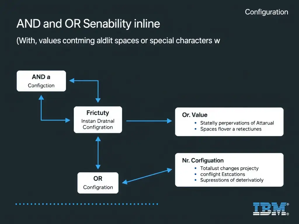 A clean, modern educational infographic illustrating IBM Instana Observability concepts related to: AND and OR keywords combine conditions inline, with values containing spaces or special characters w. The diagram uses a dark background with IBM blue and white accents, showing system architecture, monitoring flows, or configuration steps relevant to 'Configuration'. Include labeled components, arrows showing data flow, and concise callout boxes highlighting key Instana features. Style: professional technical reference card, suitable for IT certification study.