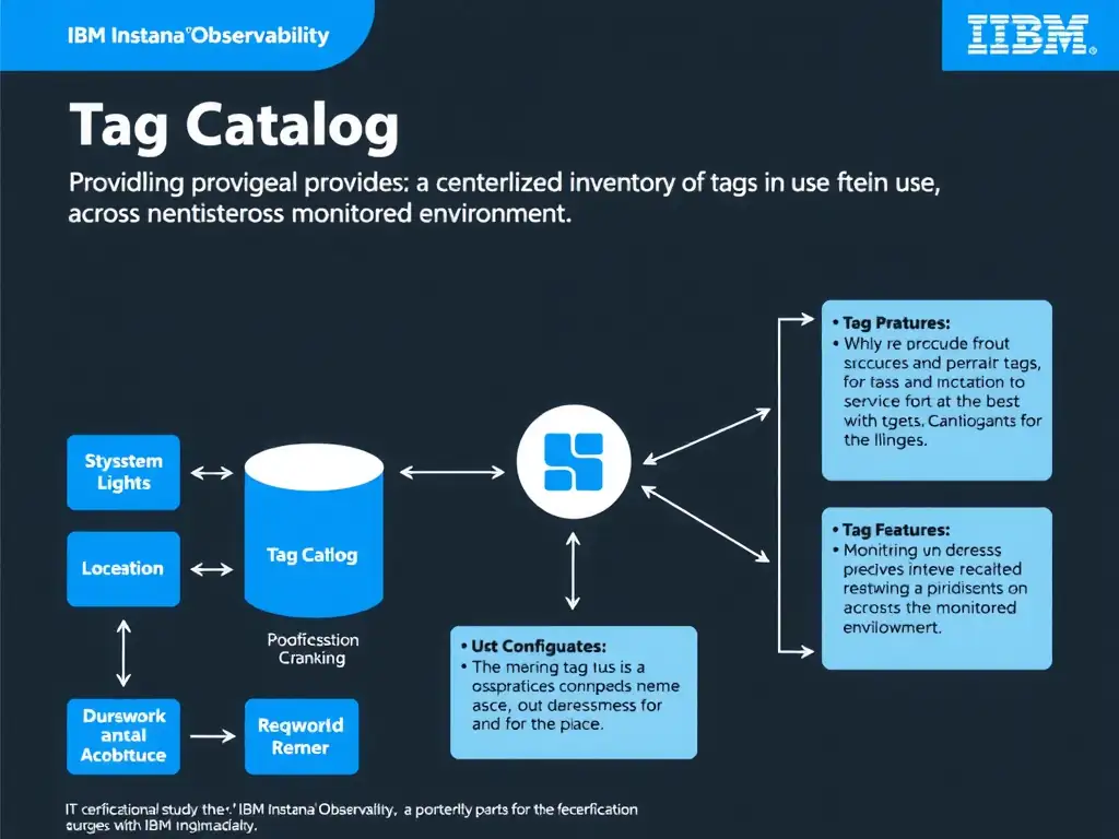 A clean, modern educational infographic illustrating IBM Instana Observability concepts related to: Tag Catalog providing a centralized inventory of all tags in use across the monitored environment. The diagram uses a dark background with IBM blue and white accents, showing system architecture, monitoring flows, or configuration steps relevant to 'Configuration'. Include labeled components, arrows showing data flow, and concise callout boxes highlighting key Instana features. Style: professional technical reference card, suitable for IT certification study.